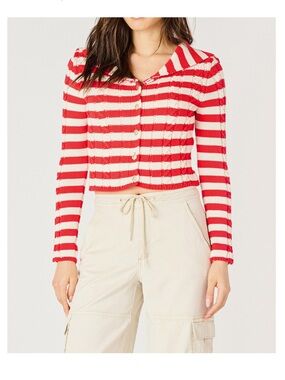 NWT HEYSON Striped Red & Cream Cropped Knit Cardigan